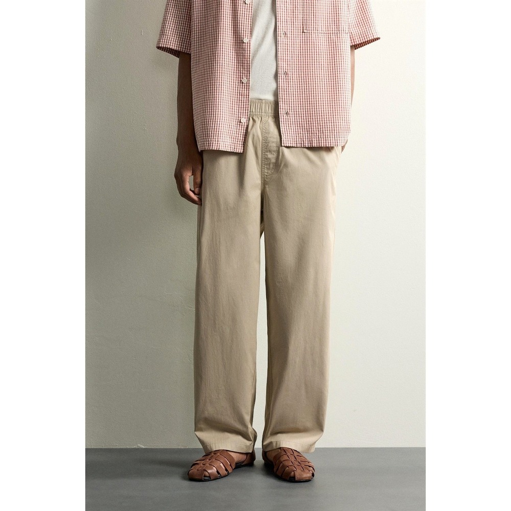 Zara Relax Fit Drawstring 100% Cotton Trouser Pants Men Tan Elastic Lightweight